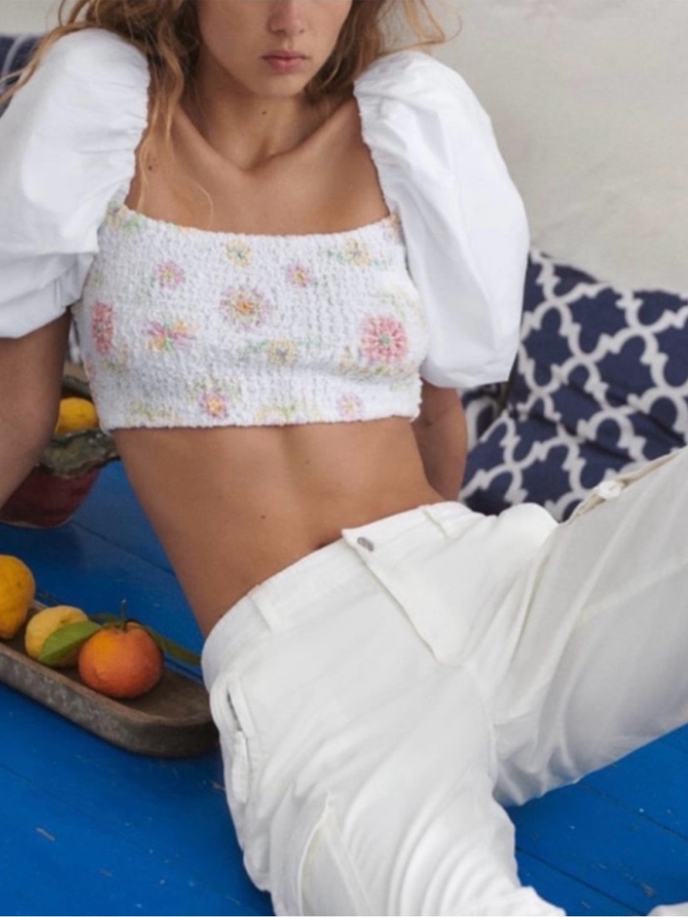 Zara White Smocked Cropped Tank with Pastel Floral Embroidery - Picture 1 of 5